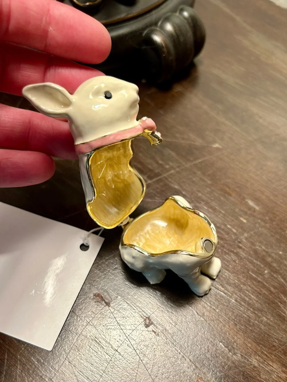 White Ceramic Bunny Trinket Box with Pink Bow